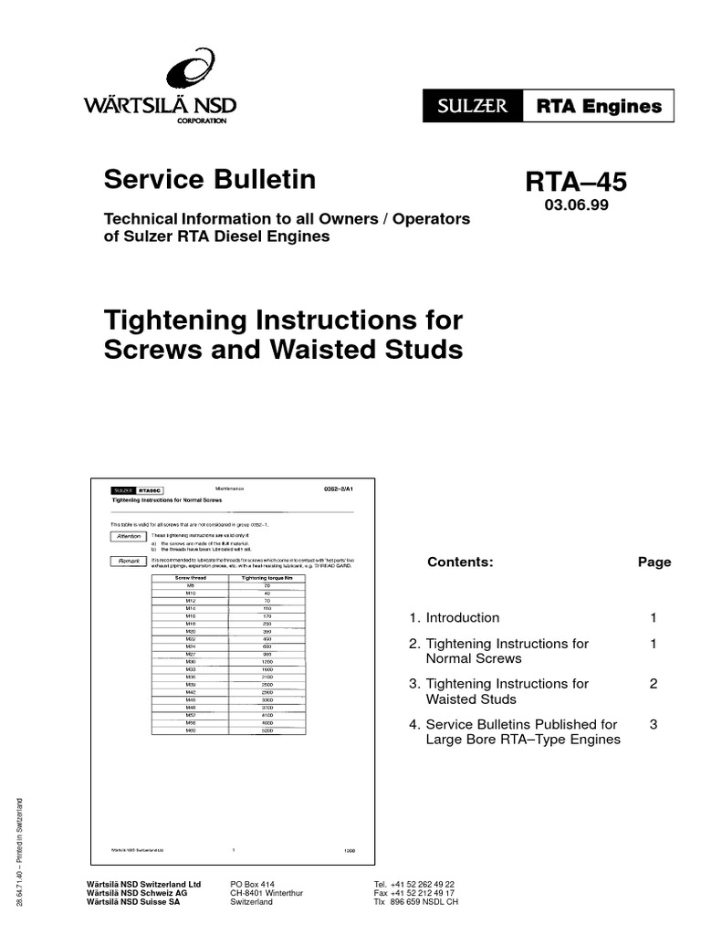 RTA-45 Tightening Instructions | PDF | Piston | Valve
