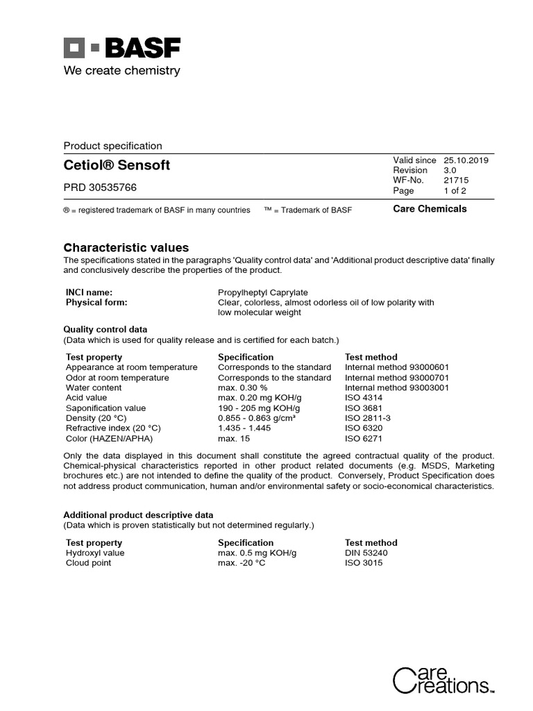 Specification Cetiol Sensoft | Download Free PDF | Packaging And ...