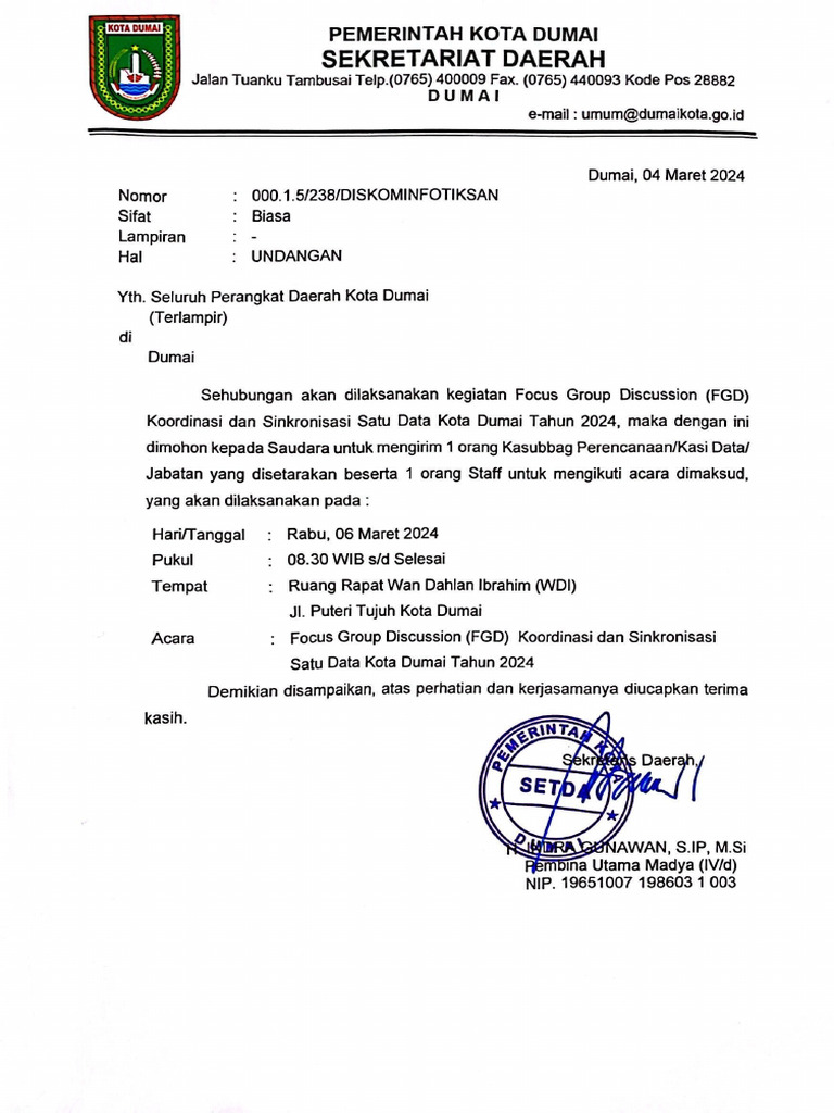 Surat Undangan FGD Satu Data Kota Dumai | PDF