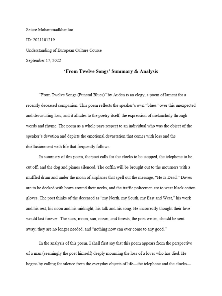 'Funeral Blues' Summary & Analysis by Setare PDF Grief Poetry