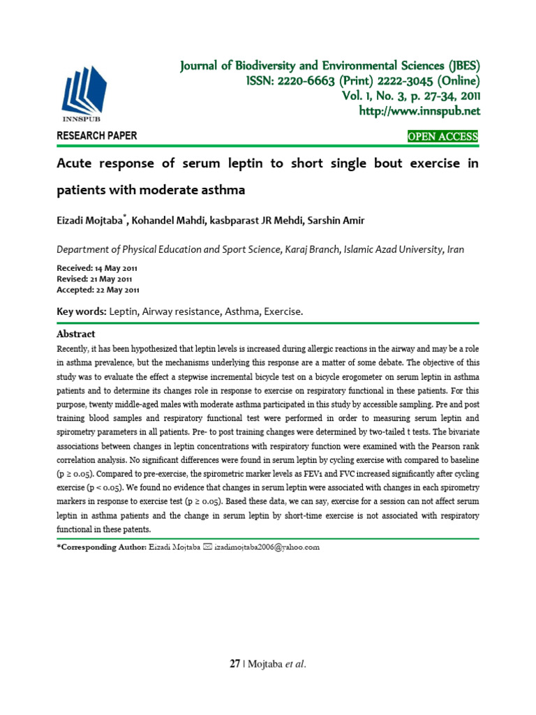 Acute Response of Serum Leptin To Short Single Bout Exercise in ...