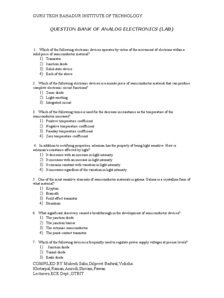 Analog Electronics Question Bank | PDF | Field Effect Transistor | P–N ...