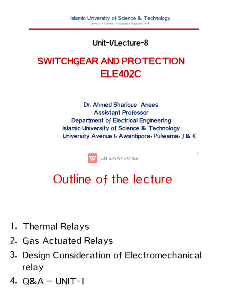 Lecture 8 Thermal Relay Gas Actuated Relay Design Consderations