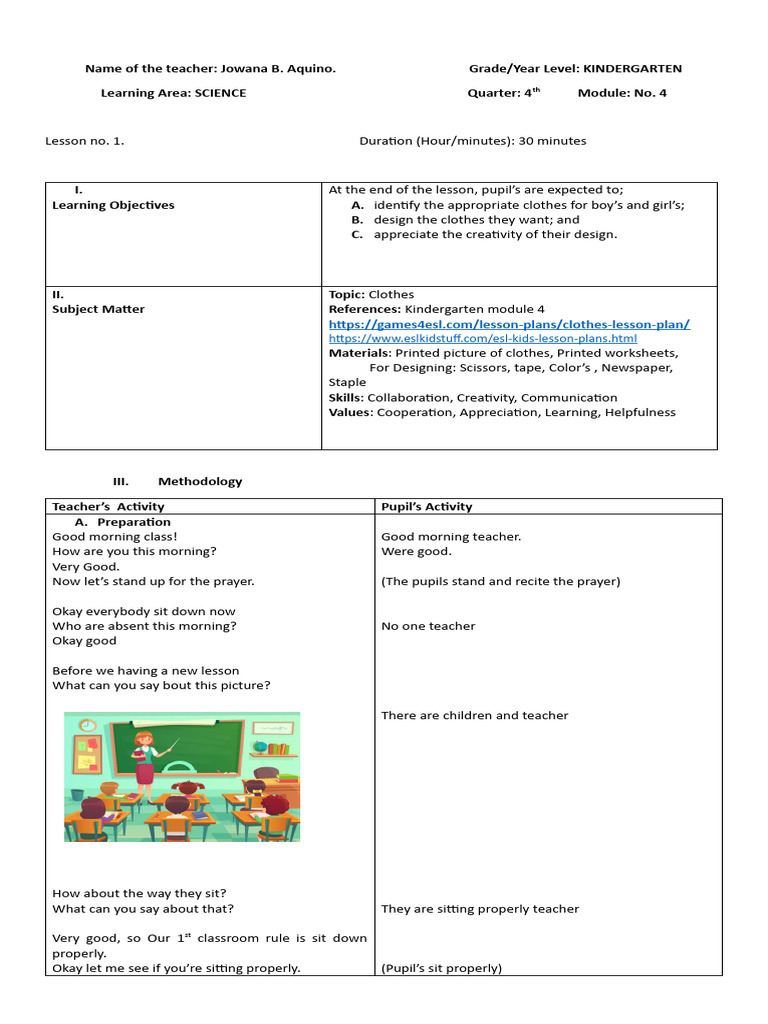 Lesson Plan In Play Development Pdf Teachers Clothing