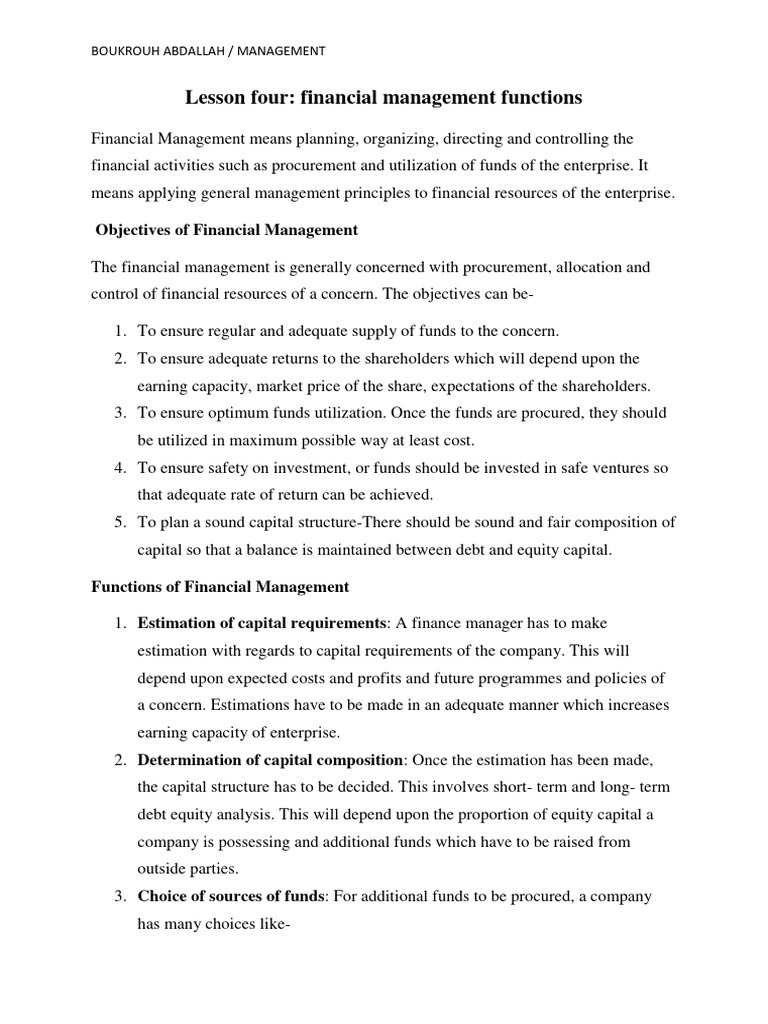 Lesson Four Financial Management Functions - 1 | PDF | Financial ...