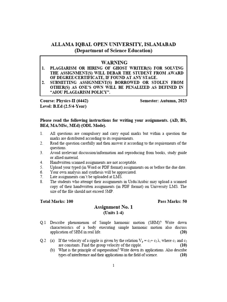 AIOU Physics-II Assignment Guidelines | PDF | Waves | Electromagnetic ...