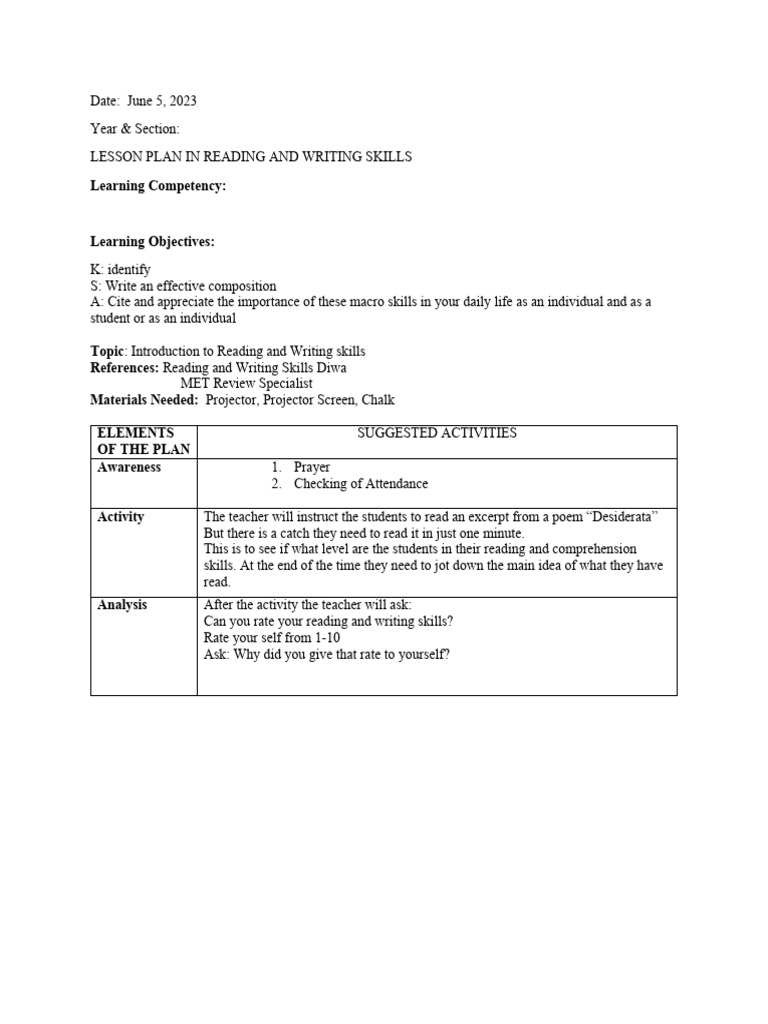 Reading and Writing Lesson Plan PDF Brainstorming Lesson Plan