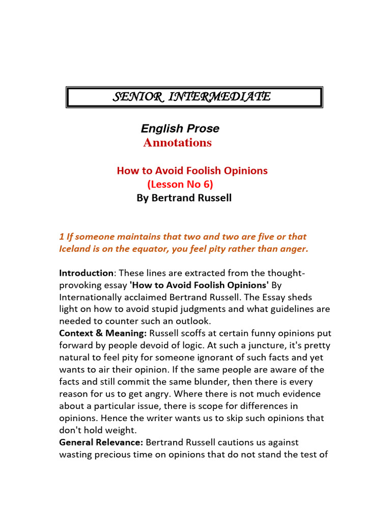 How To Avoid Foolish Opinions PROSE | PDF | Bertrand Russell | Thought