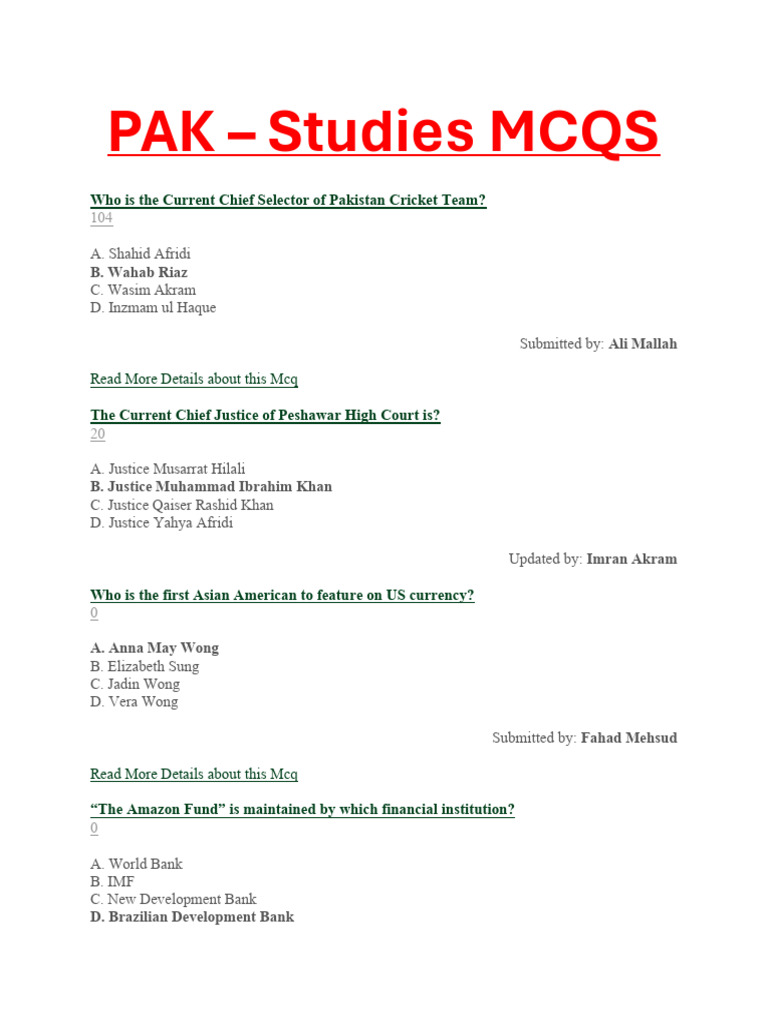 Current Affairs MCQs for Pakistan | PDF | Pakistan