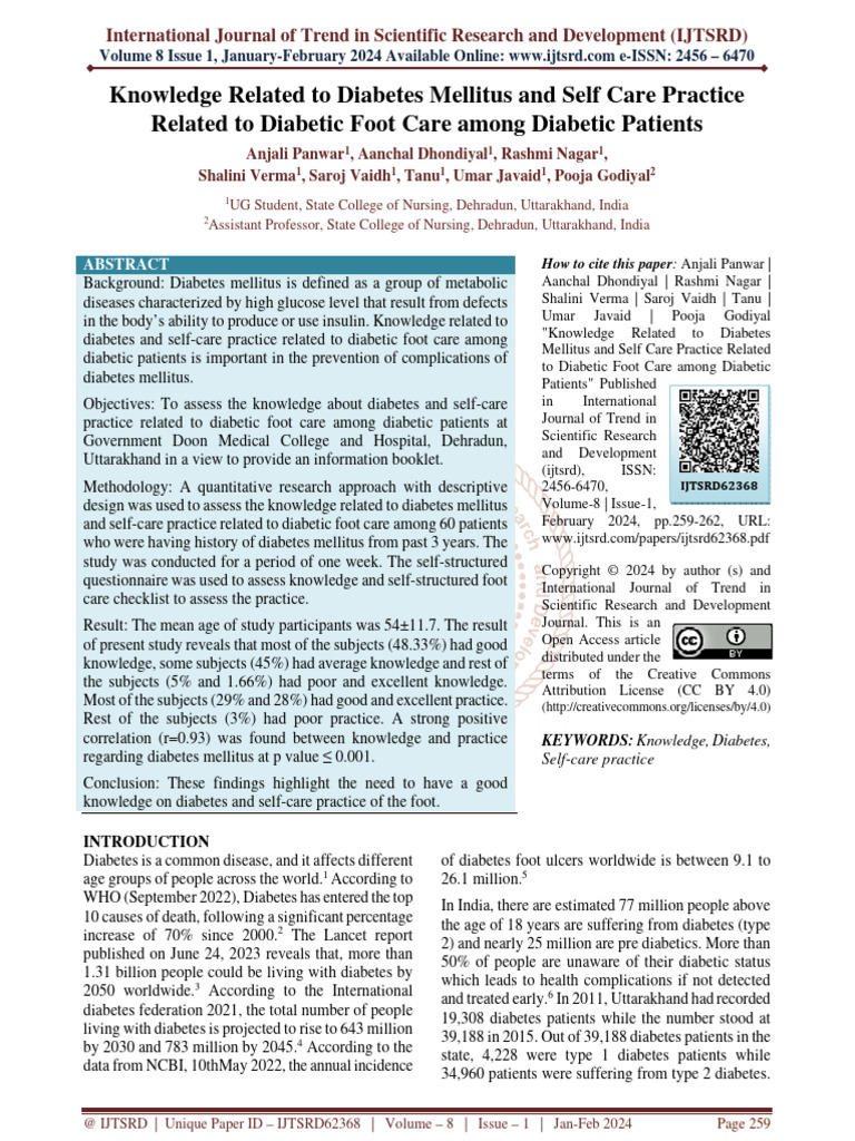 Knowledge Related To Diabetes Mellitus and Self Care Practice Related To Diabetic Foot Care