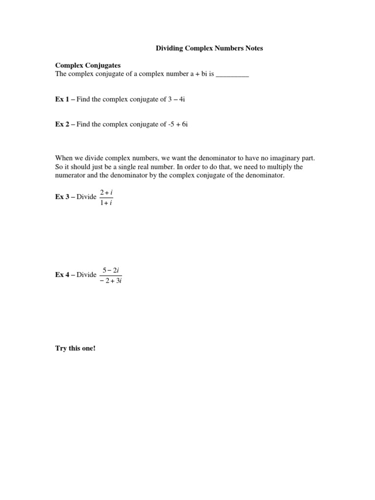 Dividing Complex Numbers Notes PDF