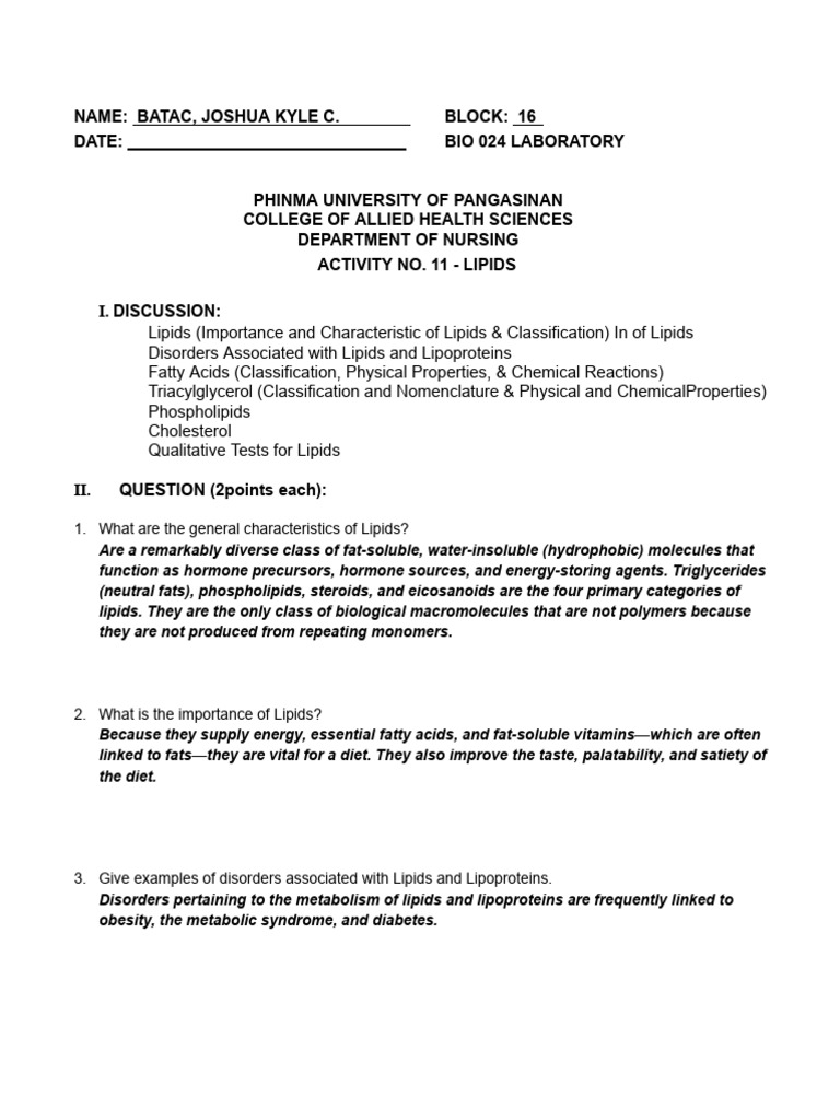 Batac, Joshua Kyle C. (Bio 024) Lab Activity 11 - Lipids | PDF | Lipid ...
