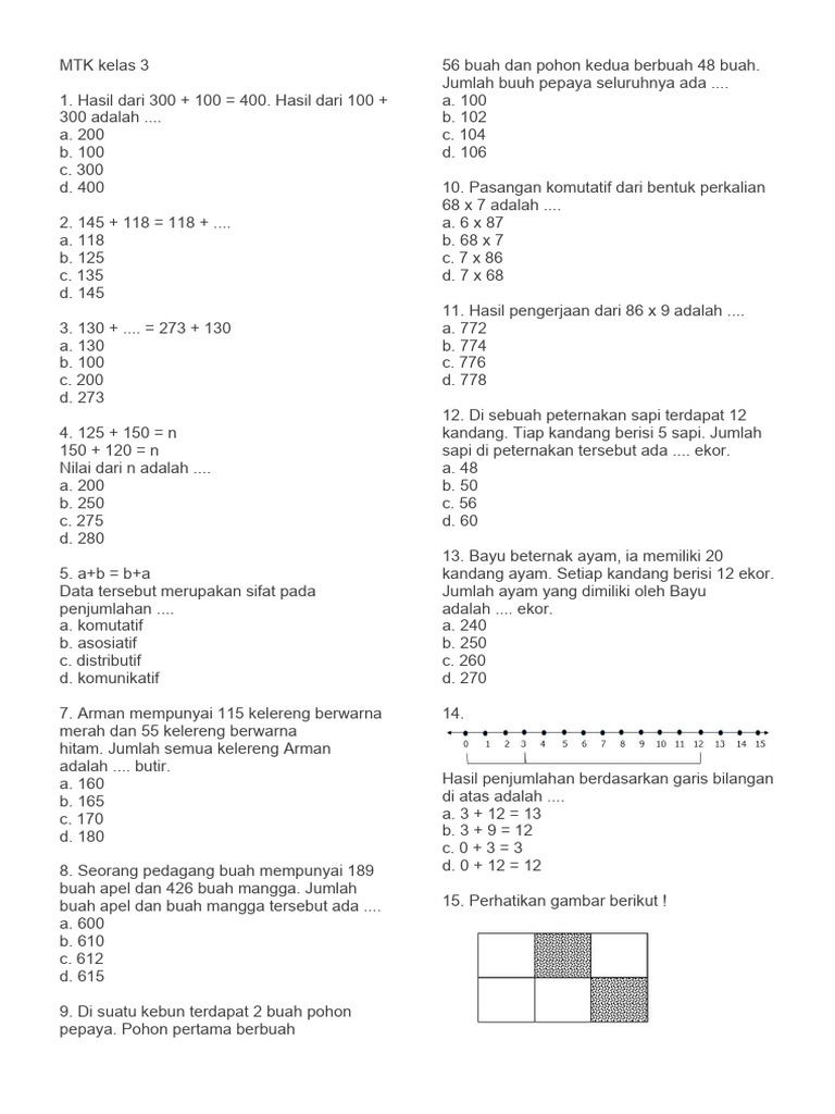Soal UTS Matematika Kelas 3 Semester 1 | PDF | Metode & Bahan Ajar