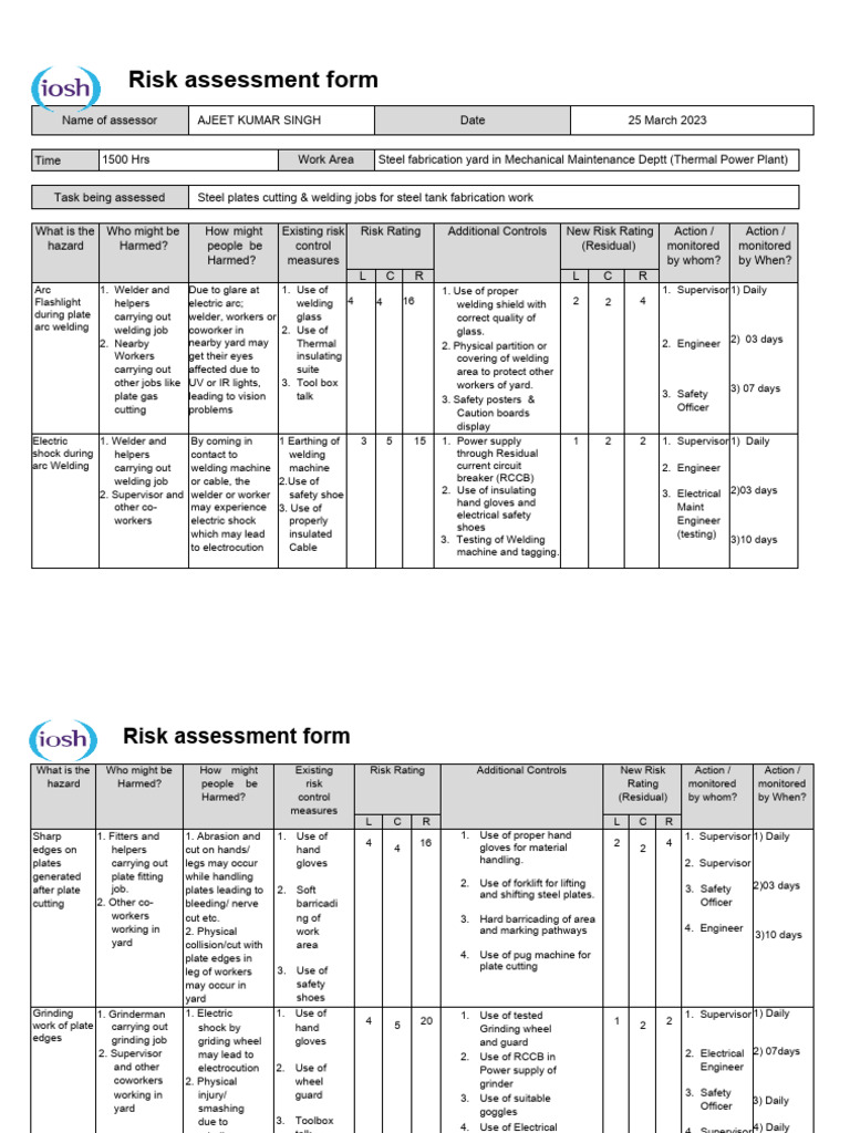 IOSH Risk Assessment for Welding Tasks | PDF