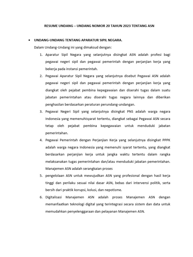Resume undang undang nomor 20 tahun 2023 tentang asn pdf
