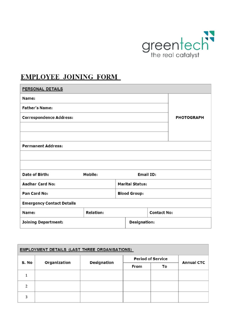 Employee Joining Form PDF