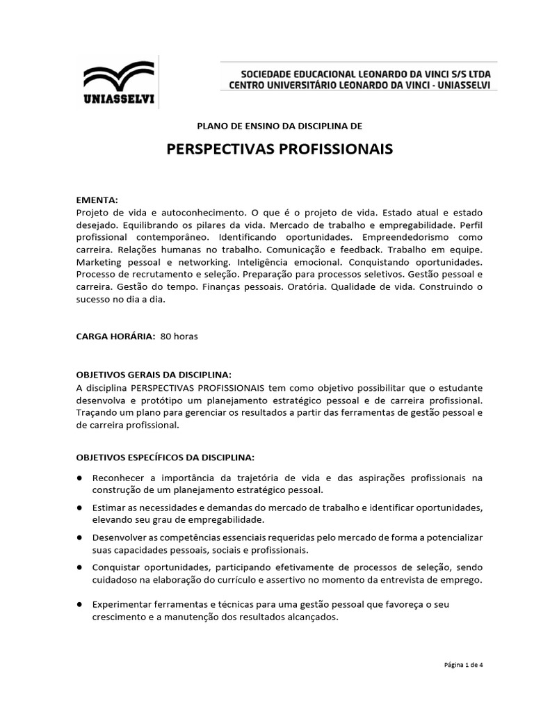 Plano de ensino PERSPECTIVAS PROFISSIONAIS | PDF | Recrutamento ...