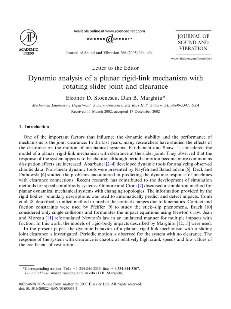 Dynamic Analysis Of A Planar Rigid Link Mechanism With Pdf Chaos