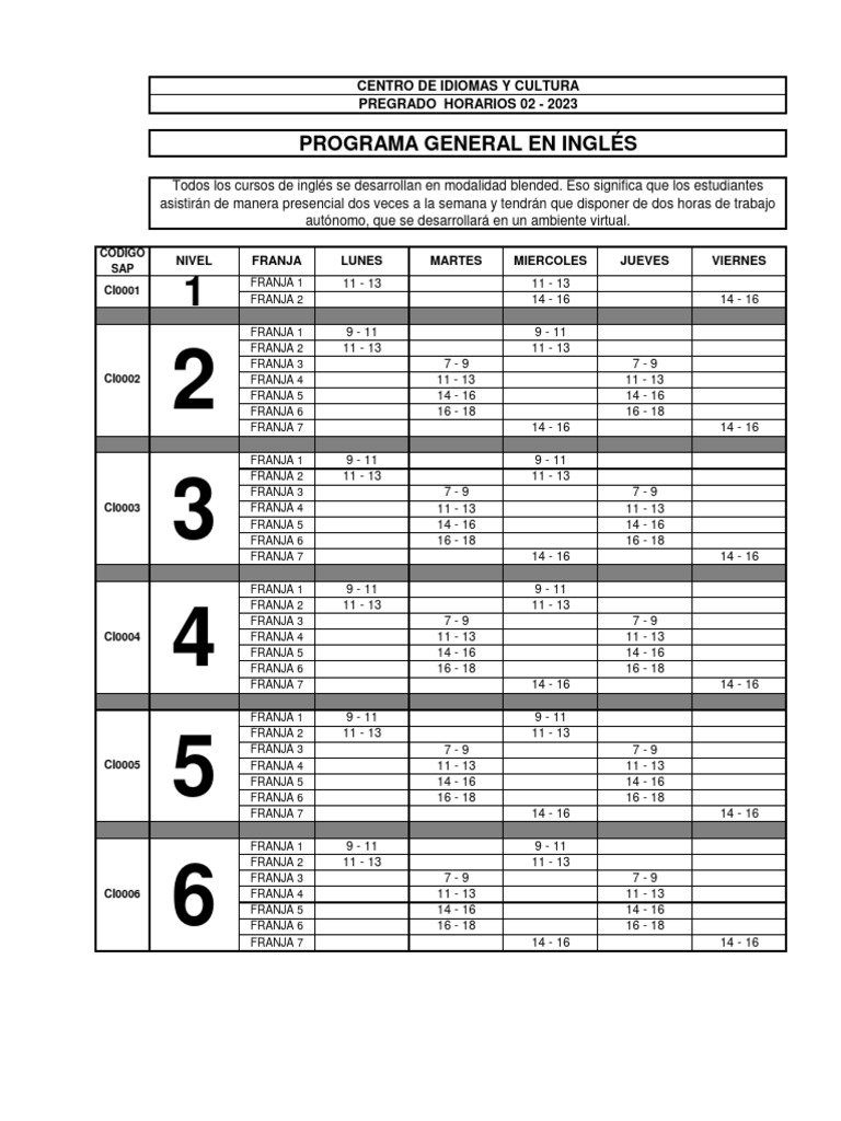Horarios Idiomas Pregrado 02-2023 | PDF | Lingüística | Comunicación humana
