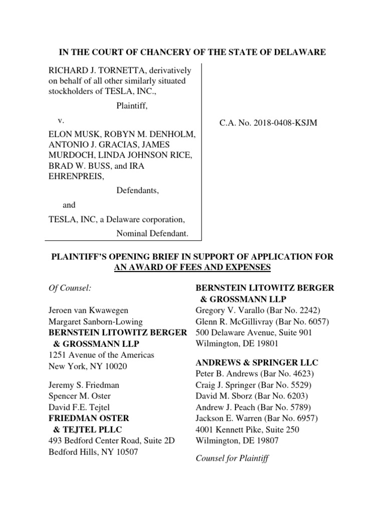 Tesla Derivative Lawsuit Fee Brief | PDF | Lawsuit | Discovery (Law)