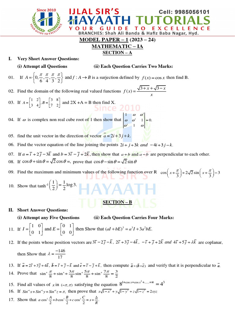 Model Paper for 2nd Year Mathematics IA | PDF | Function (Mathematics ...