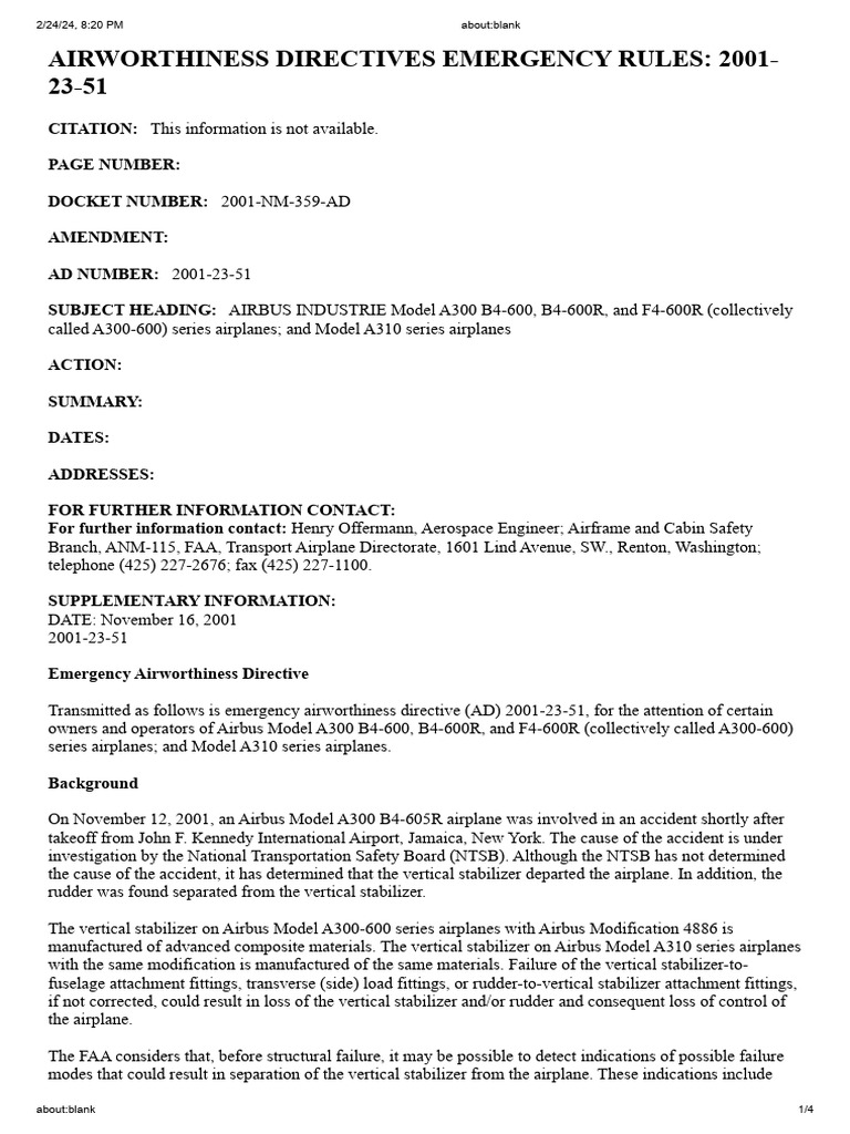 Airworthiness directives emergency rules 2001 23 51 pdf federal