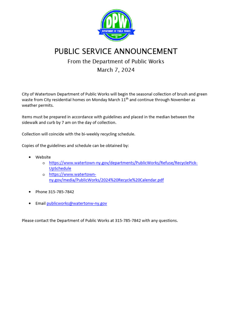 City of Watertown seasonal collection of brush and green waste | PDF ...