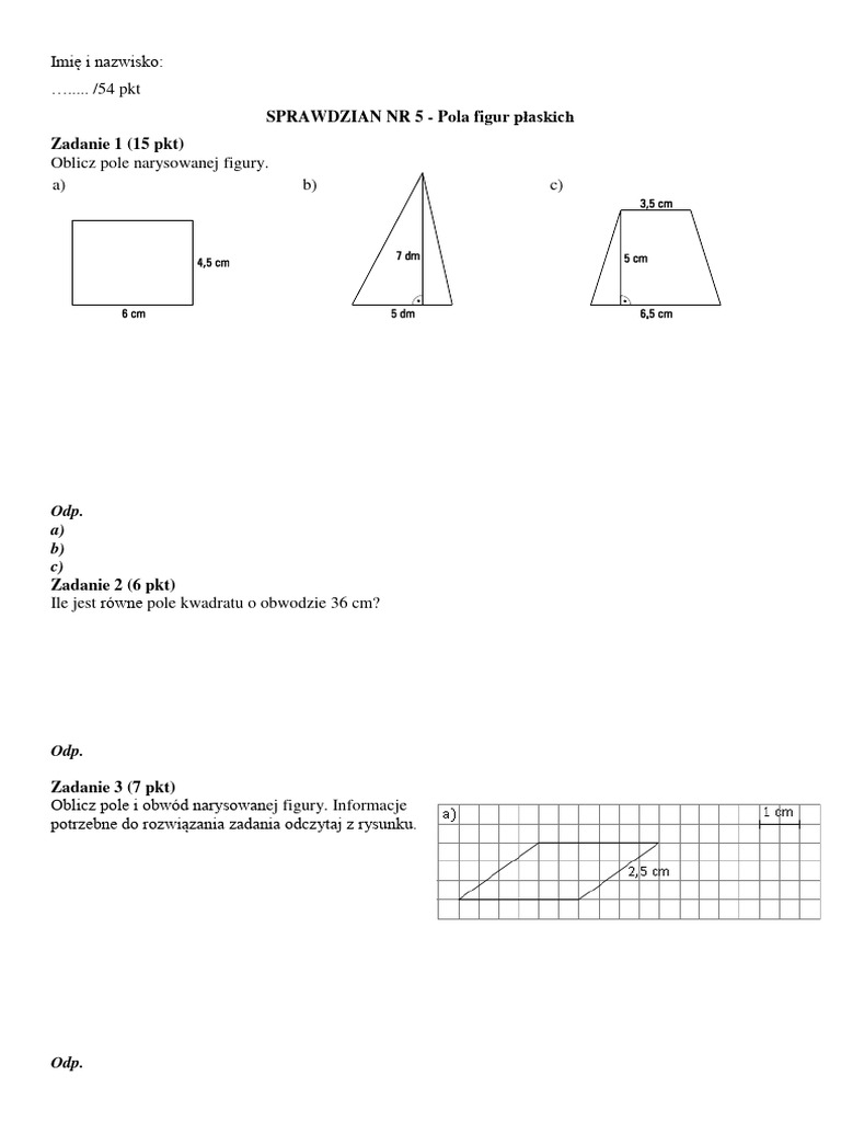 Test Klasa 5 Pola Figur Sprawdzian NR 5 Pola Figur Płaskich | PDF