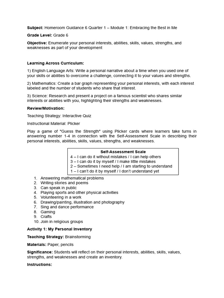 Grade 6 Homeroom Guidance Module 1 | PDF | Rubric (Academic) | Learning