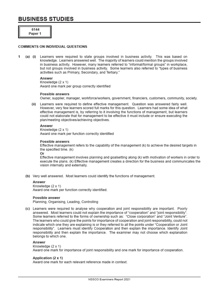 Business Studies NSSCO Examiners Report 2021 PDF Brand Employment