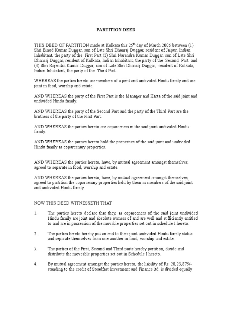 Partition Deed (Huf) Property Civil Law Law)