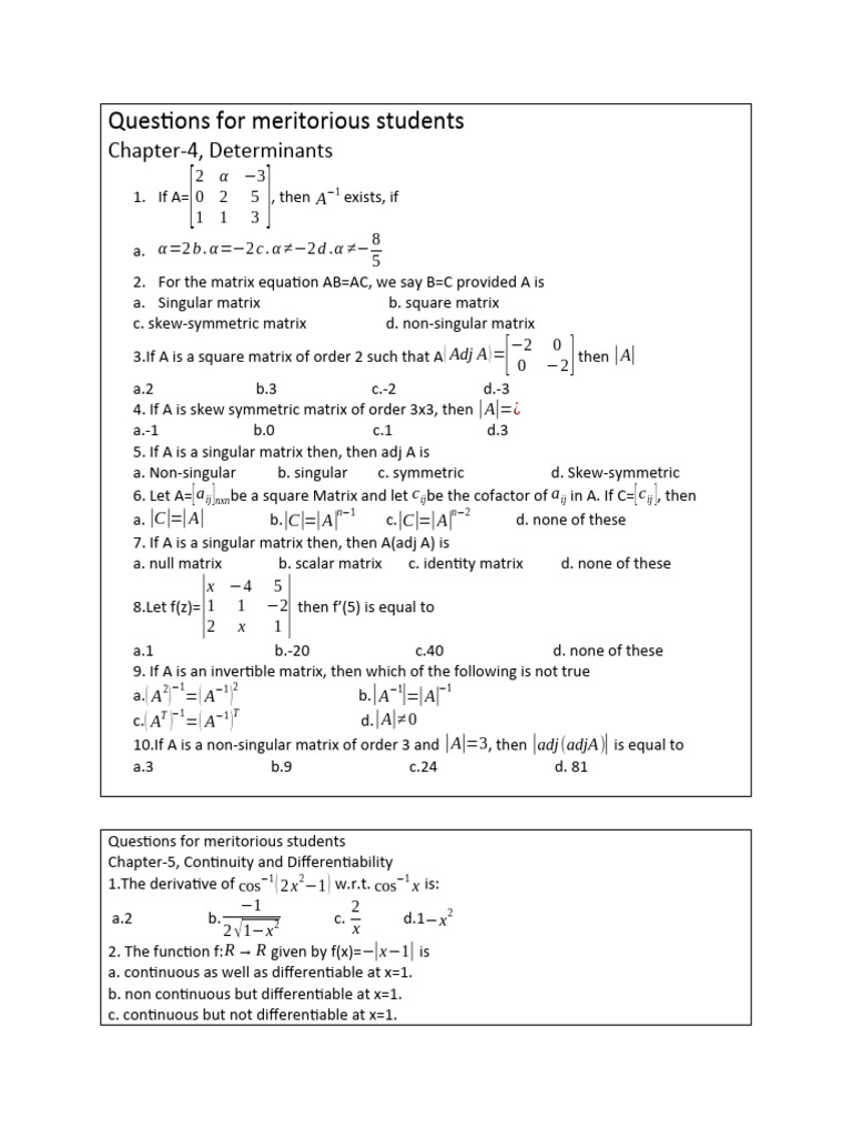 Questions For Meritorious Students | PDF | Matrix (Mathematics ...