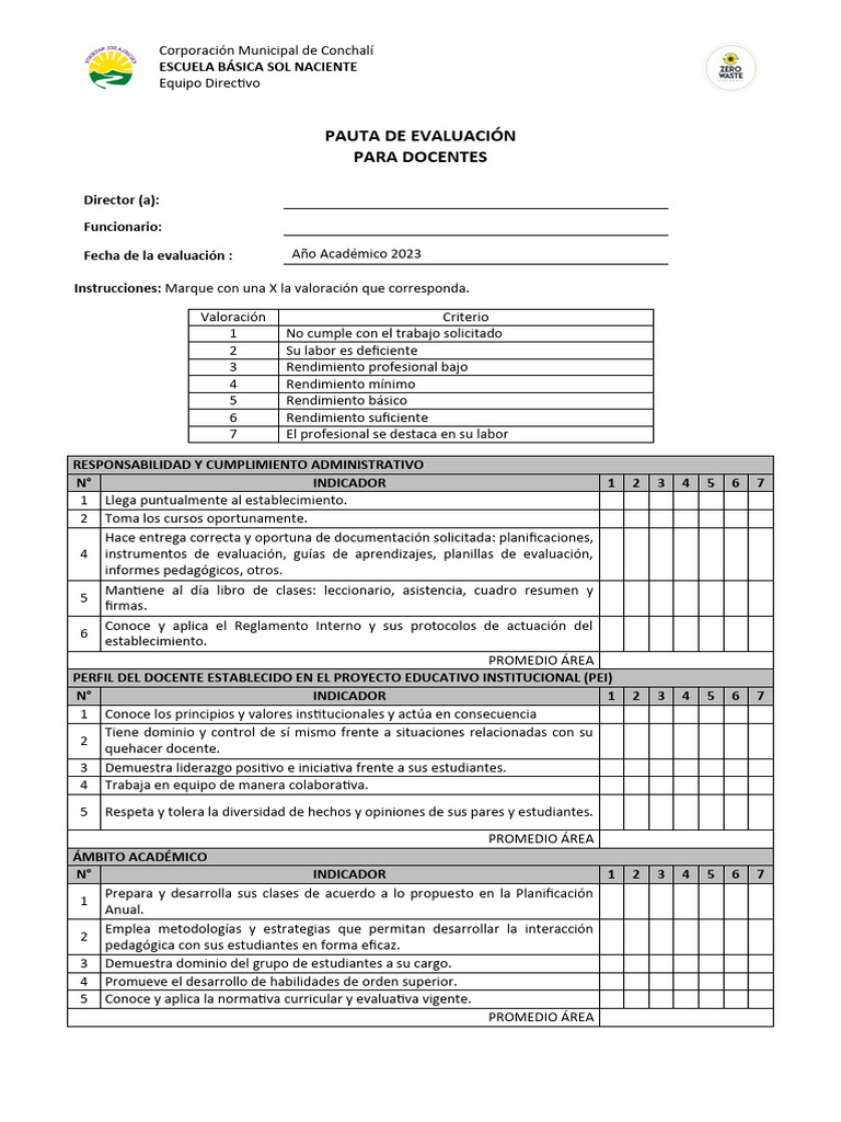 Pauta de Evaluación para Docentes | PDF | Evaluación | Maestros
