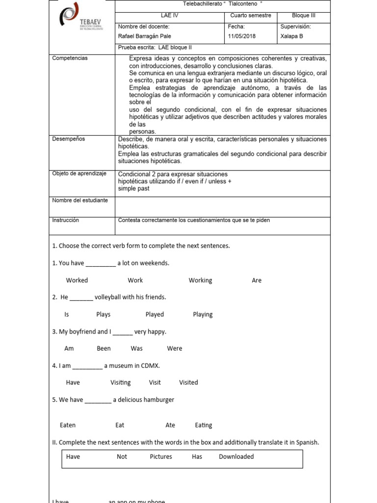 Prueba de Segundo Condicional LAE IV | PDF