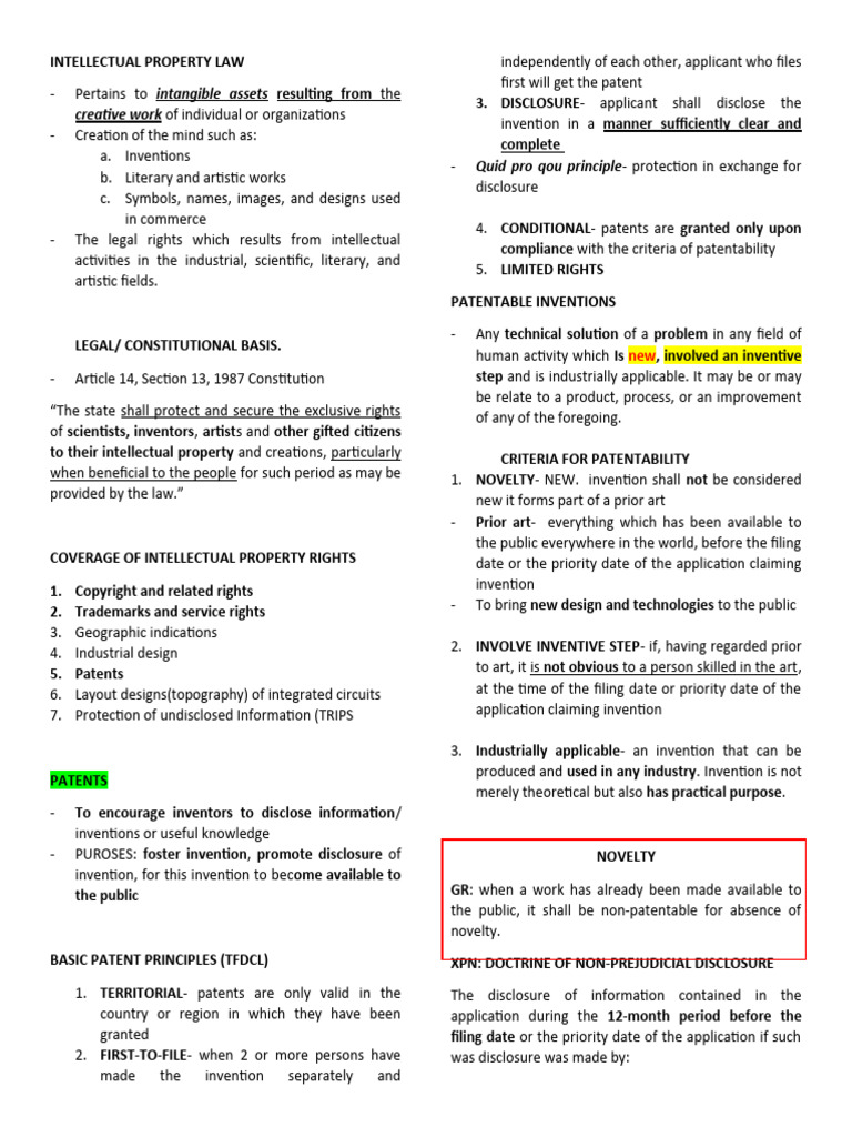 INTELLECTUAL PROPERTY LAW Notes | PDF | Patent | Patent Infringement