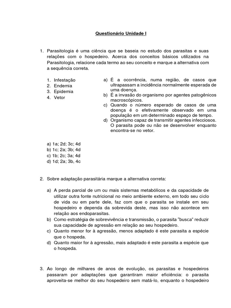 Questões sobre Parasitologia e Hospedeiros | PDF | Parasitismo ...