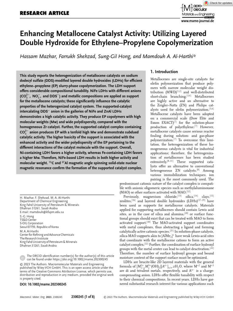 Enhancing Metallocene Catalyst Activity Utilizing Layered Double ...