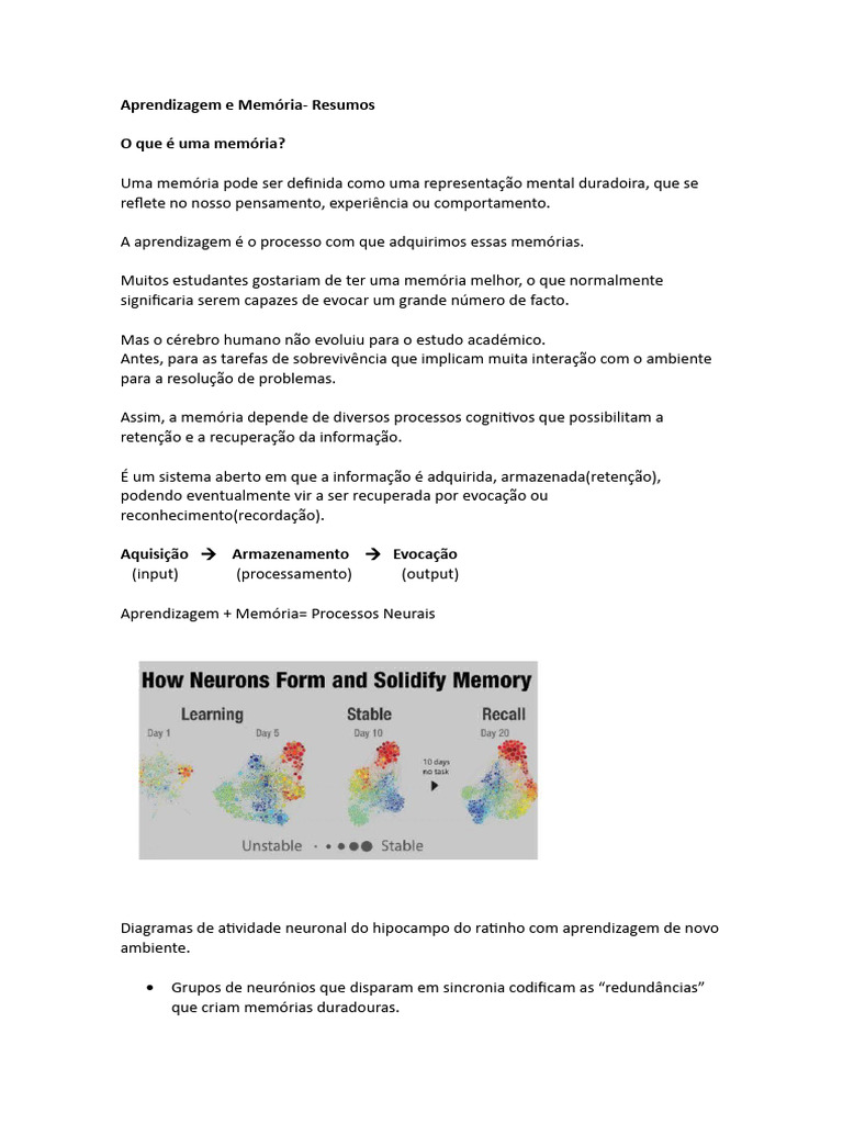 Aprendizagem e Memória Resumos | PDF | Memória | Aprendizado