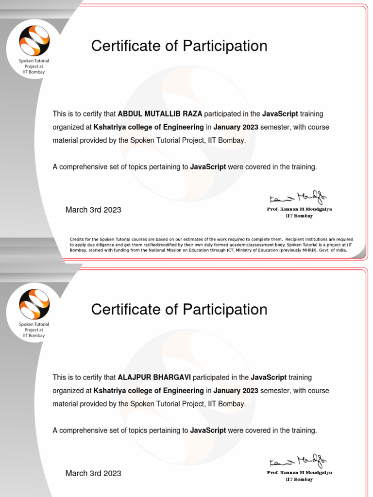 JavaScript Participant Certificate | PDF | Java Script | Web Development