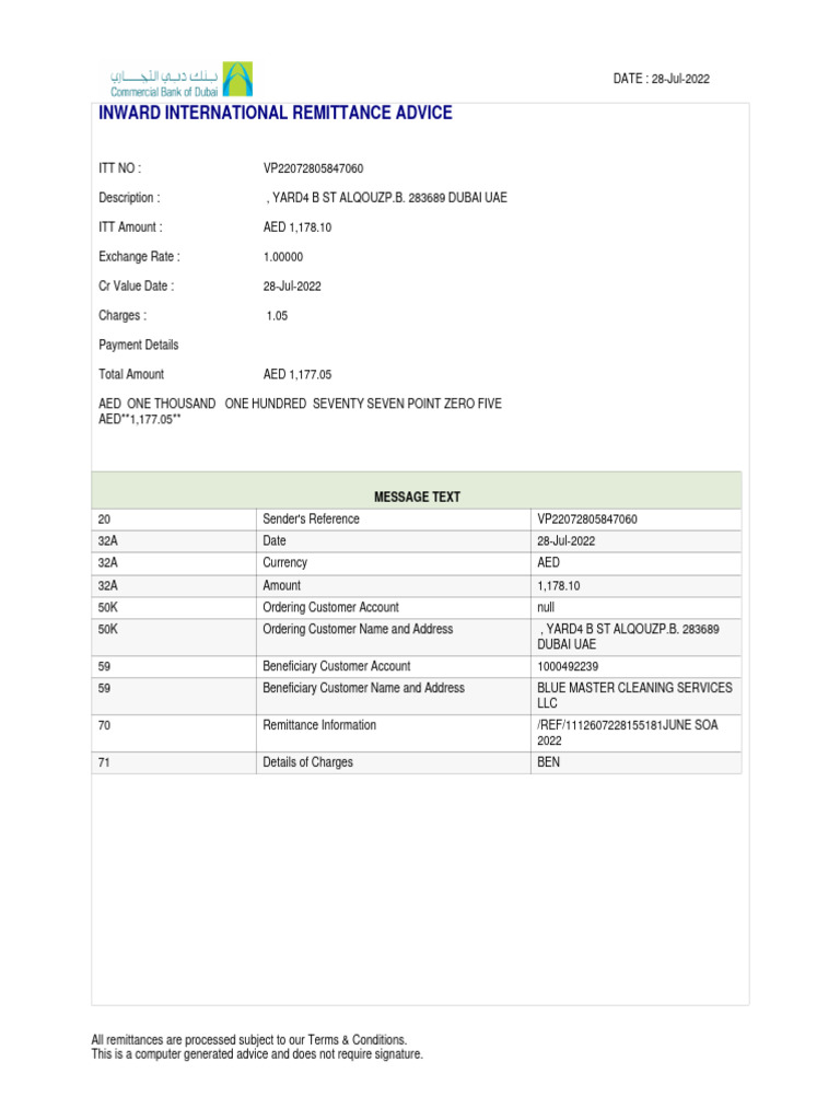 Inward International Remittance Advice | PDF
