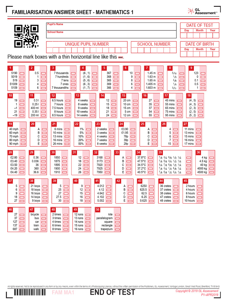 GL Assessment Maths Familiarisation Test 1 Answer Sheet | PDF ...