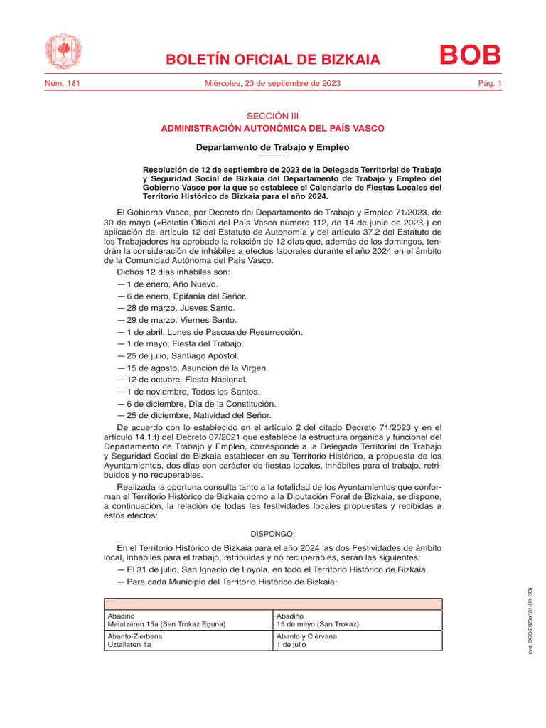 Calendario de Fiestas Bizkaia 2024 | PDF | País Vasco (Comunidad ...