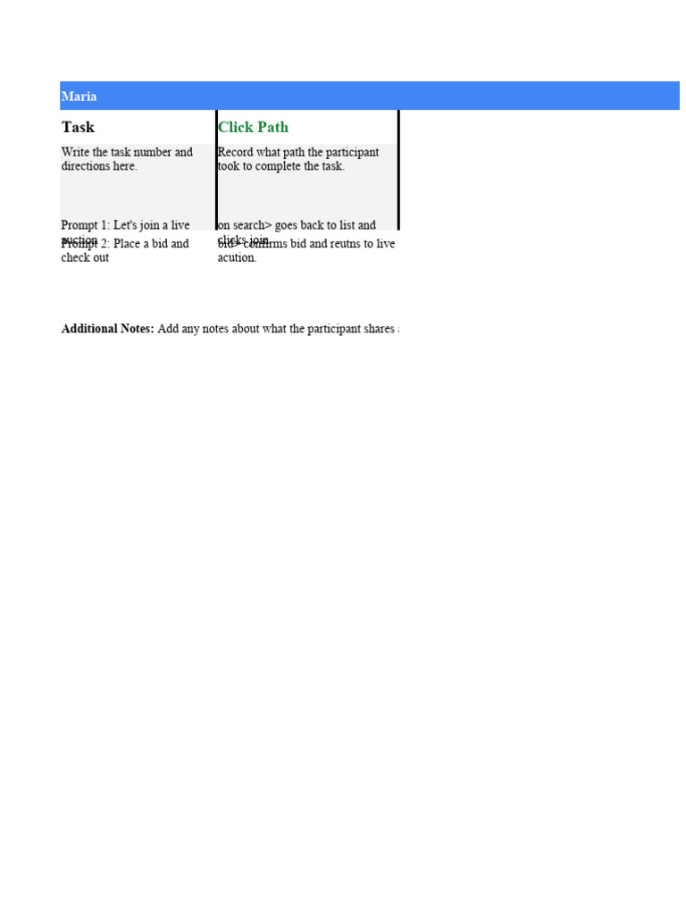Google UX Design Certificate Usability Study Note Taking Spreadsheet