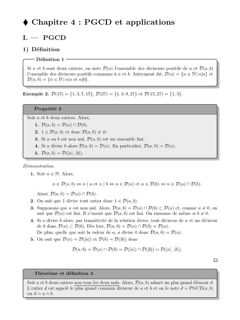 PGCD : Définitions et Algorithme d'Euclide | PDF | Mathématiques ...