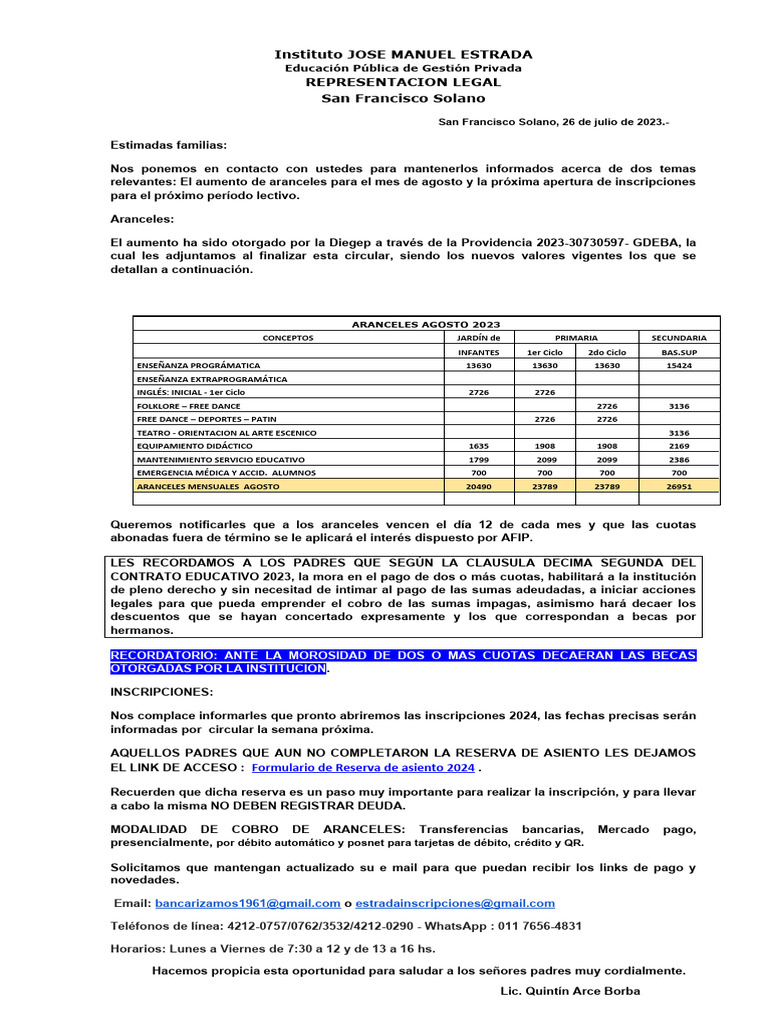 Aumento de Aranceles e Inscripciones 2024 | PDF