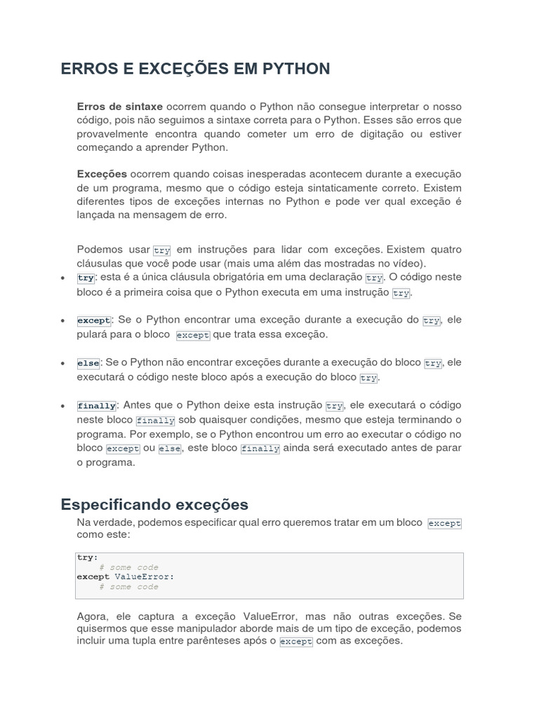 Tratamento de Erros e Exceções em Python | PDF | Python (linguagem de ...