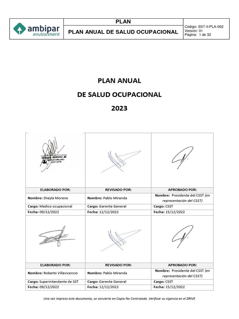 Plan Anual de Salud Ocupacional 2023 | PDF | Seguridad y salud ...