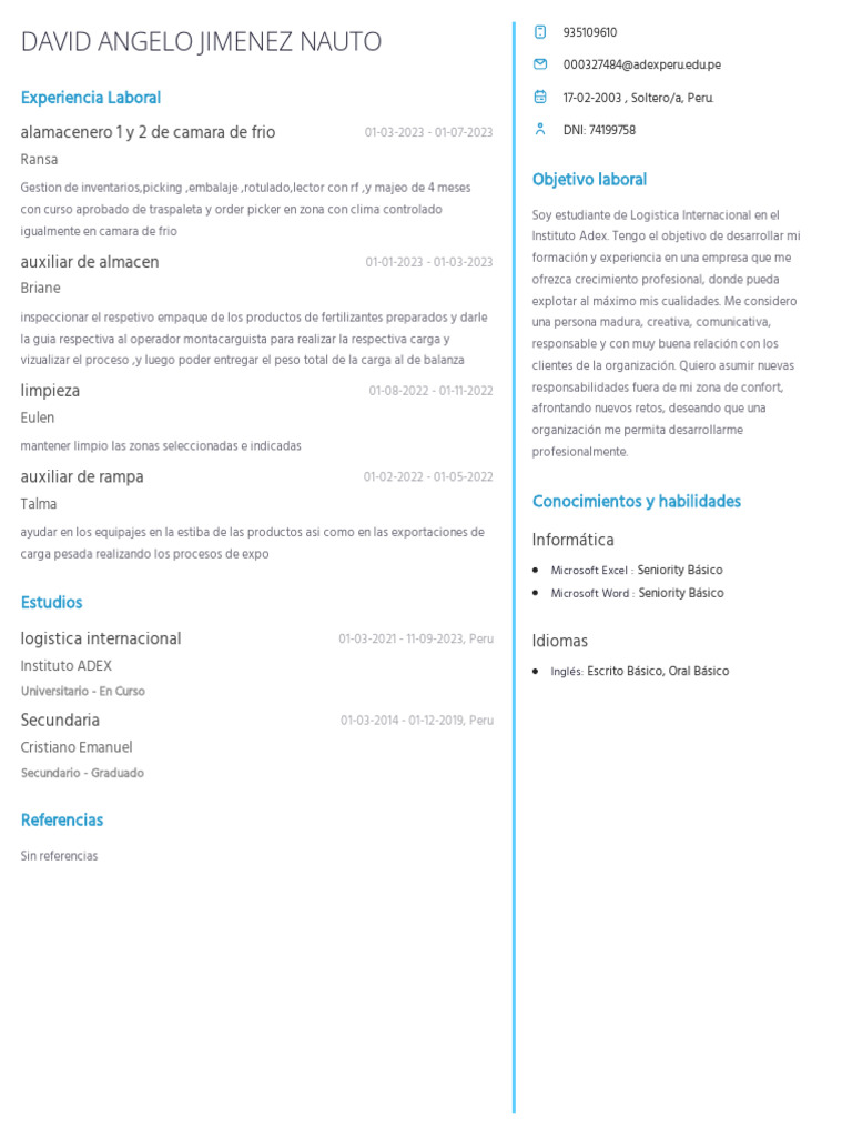 CV David Angelo Jiménez Nauto | PDF | Logística | Negocios económicos