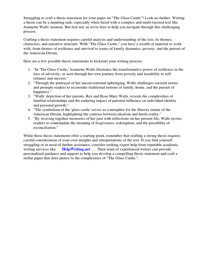Possible Thesis Statements for the Glass Castle PDF