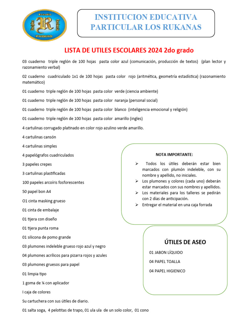 Útiles Escolares 2024 para 2do Grado | PDF | Visión | Tecnicas artisticas